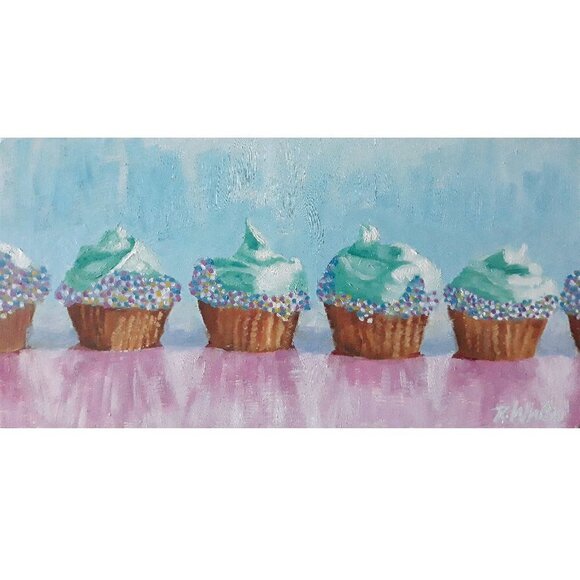 "Cupcakes" Original Oil Painting on Cradled wood panel 12 x 6" by Robin White - Picture 1 of 6
